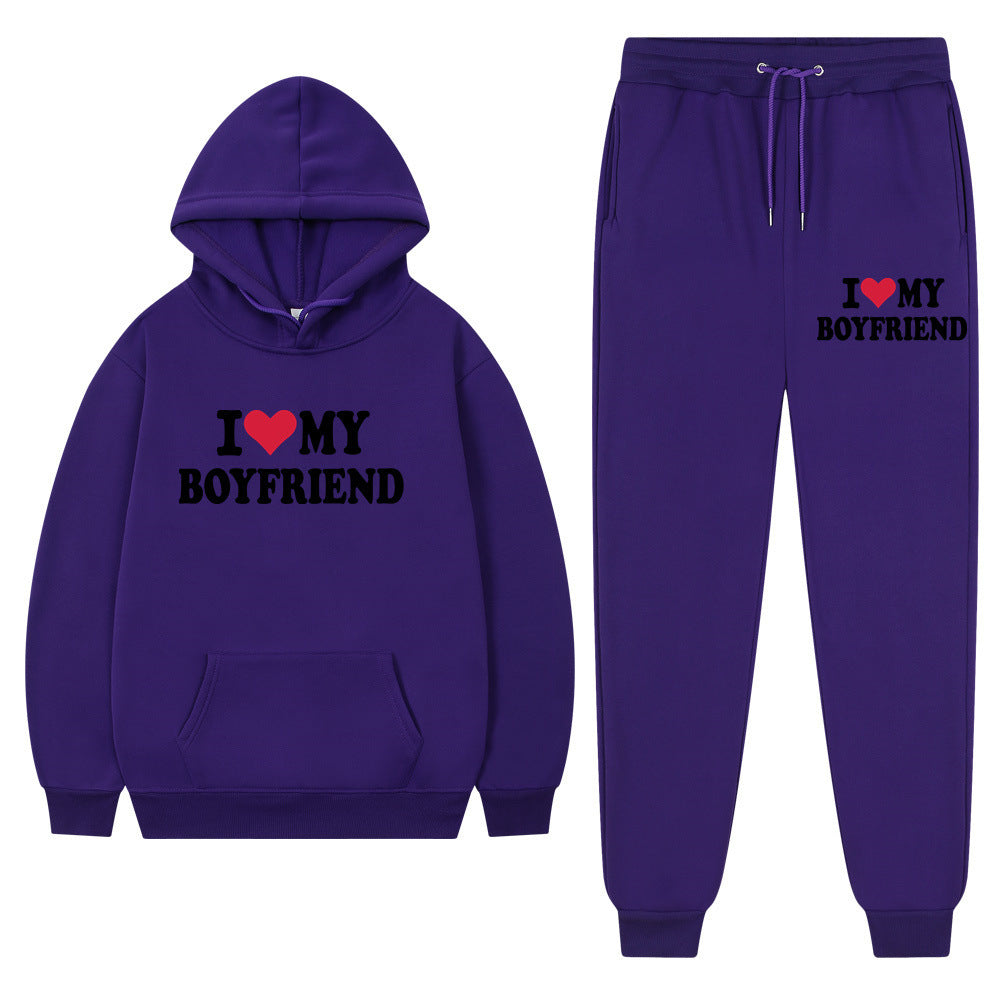 "I Love My Boyfriend" Casual Hoodie and Pants Set