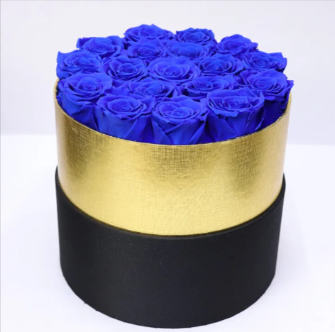 Eternal Rose Gold Rimmed Circular Box – 18 Roses Gift Set. Many Color Options