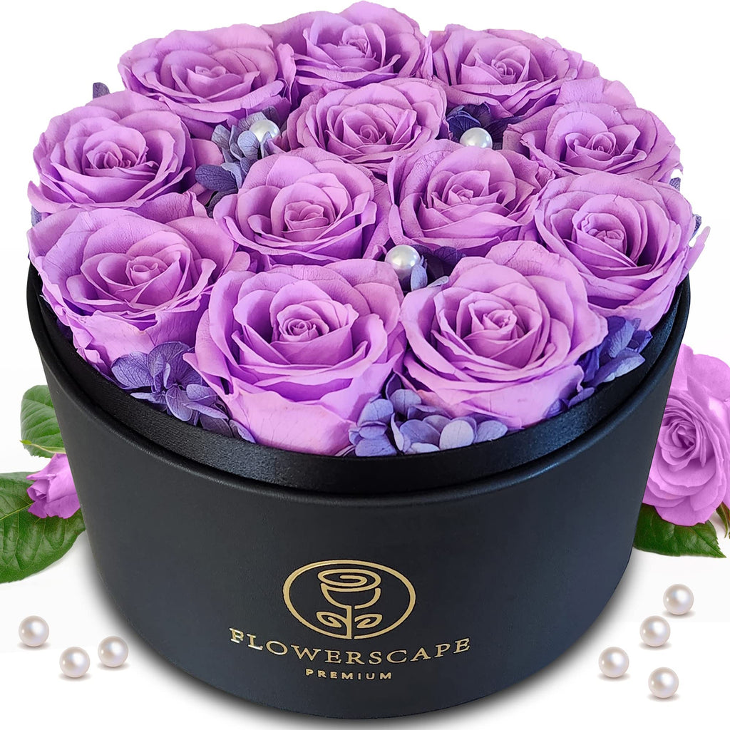 Luxury Purple Forever Rose Gift Box – 12 Real Preserved Roses in Black Round Box | Gift for Her, Mom, Wife, Birthday, Anniversary & Valentine’s Day