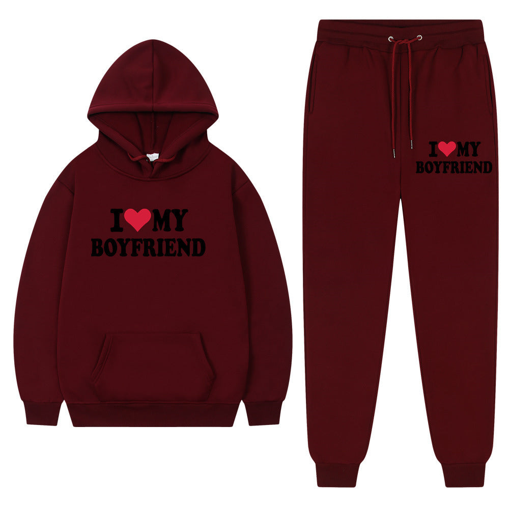 "I Love My Boyfriend" Casual Hoodie and Pants Set