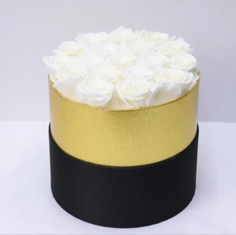 Eternal Rose Gold Rimmed Circular Box – 18 Roses Gift Set. Many Color Options