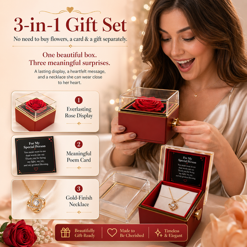 3-in-1 Rotating Rose Gift Set - Bonus Mom LOVE KNOT 14k or 18k Gold Love Knot Necklace & Meaningful Poem Card Rotating Everlasting Rose Box with Everlasting Rose Gift Box