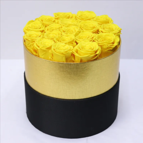 Eternal Rose Gold Rimmed Circular Box – 18 Roses Gift Set. Many Color Options