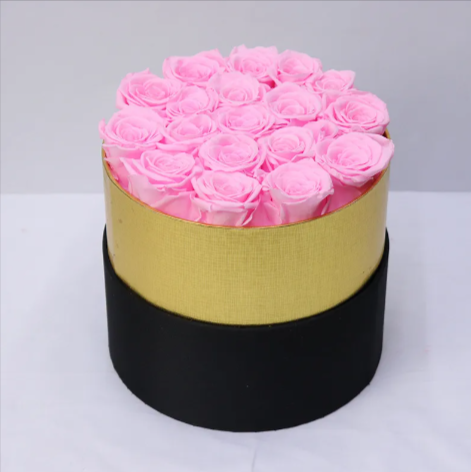 Eternal Rose Gold Rimmed Circular Box – 18 Roses Gift Set. Many Color Options