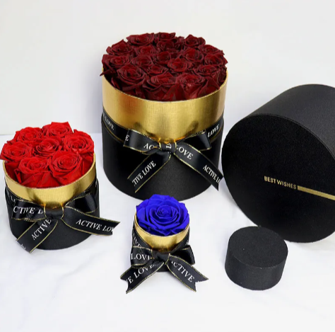 Eternal Rose Gold Rimmed Circular Box – 18 Roses Gift Set. Many Color Options