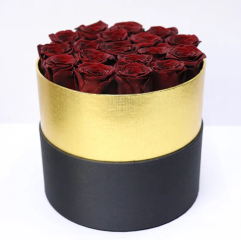 Eternal Rose Gold Rimmed Circular Box – 18 Roses Gift Set. Many Color Options