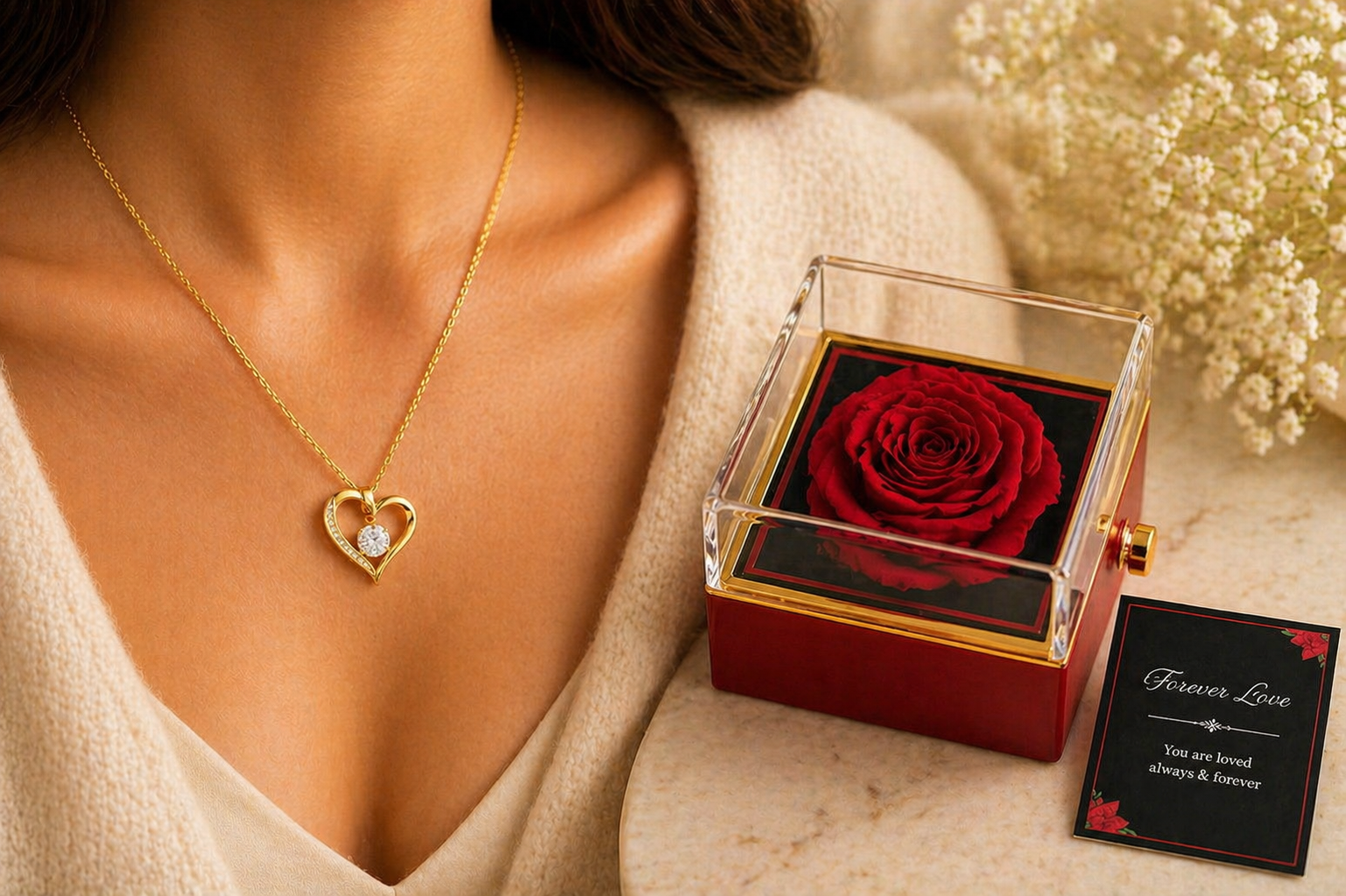 For My Beautiful Mother Forever Love Necklace, 14k or 18k Gold Finish, Meaningful Poem Card, Rotating Everlasting Rose Box Gift Set