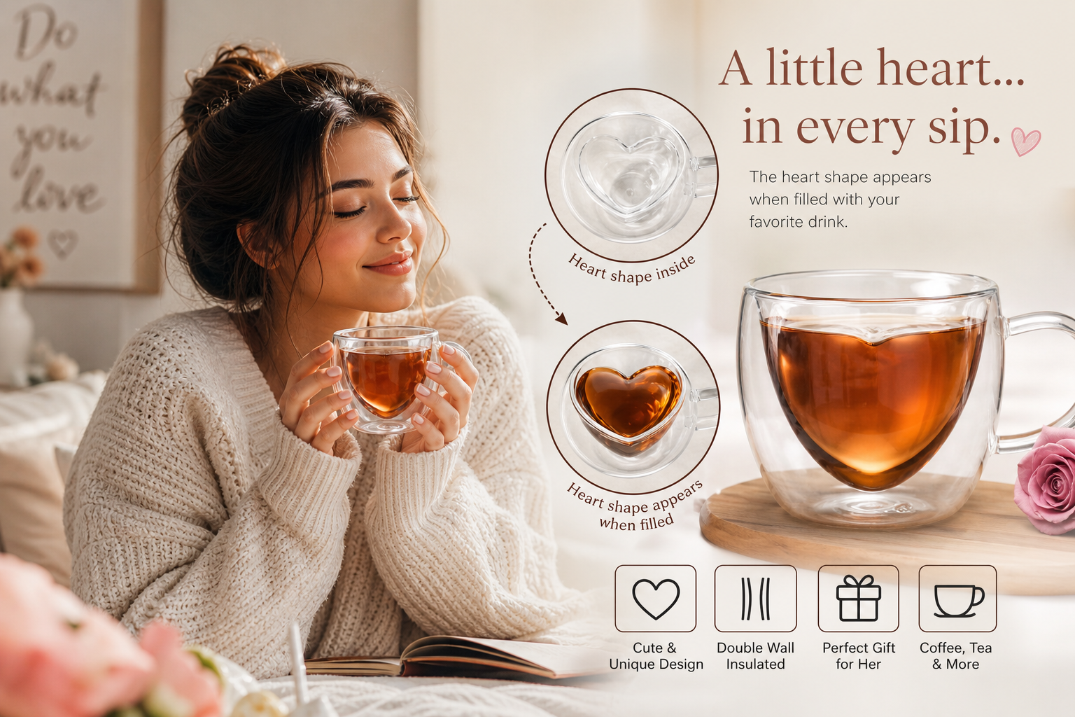 Heart Glass Mug – Double Wall Coffee Cup | Cute Gift for Girlfriend, Wife, or Best Friend. Perfect for Coffee & Tea Lovers