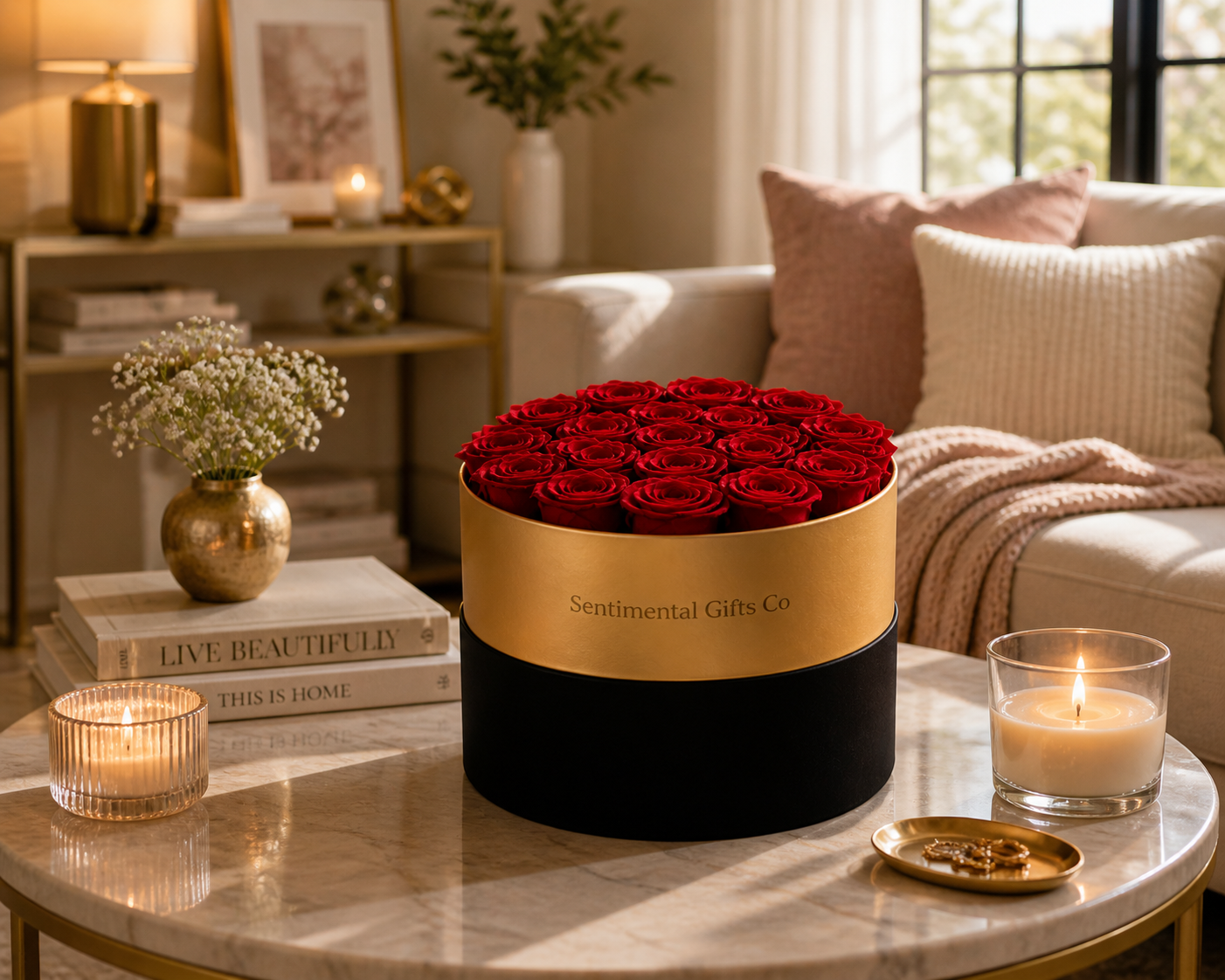 Eternal Rose Gold Rimmed Circular Box – 18 Roses Gift Set. Many Color Options