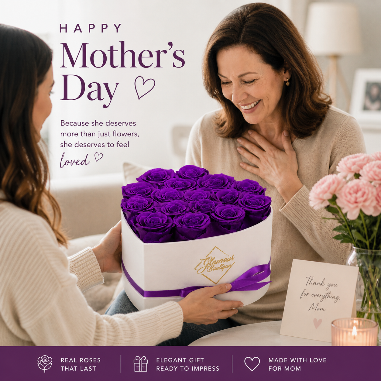 Luxury Heart Rose Box – 16 Everlasting Roses | Forever Flowers Gift for Mother’s Day or Anniversary