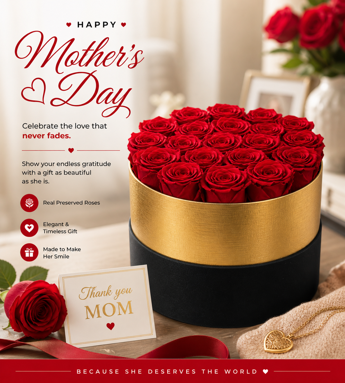 Eternal Rose Gold Rimmed Circular Box – 18 Roses Gift Set. Many Color Options