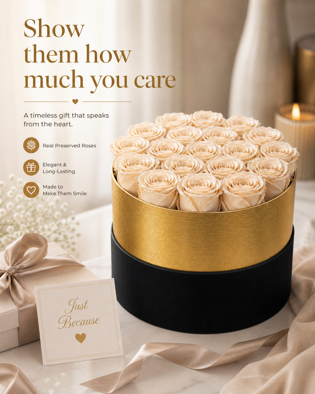 Eternal Rose Gold Rimmed Circular Box – 18 Roses Gift Set. Many Color Options