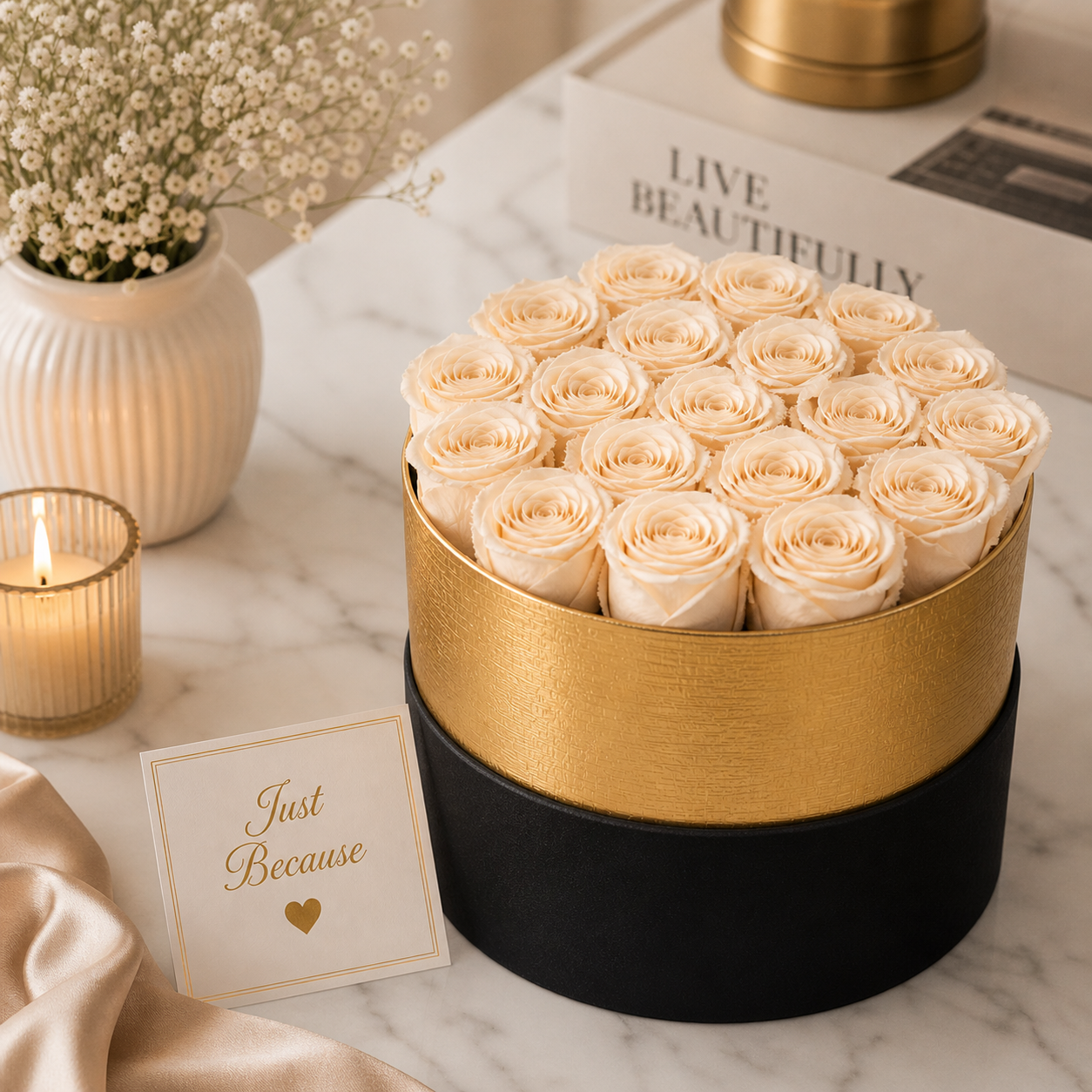 Eternal Rose Gold Rimmed Circular Box – 18 Roses Gift Set. Many Color Options