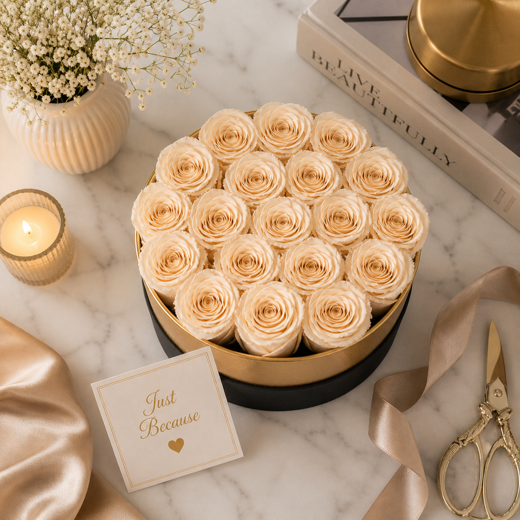 Eternal Rose Gold Rimmed Circular Box – 18 Roses Gift Set. Many Color Options