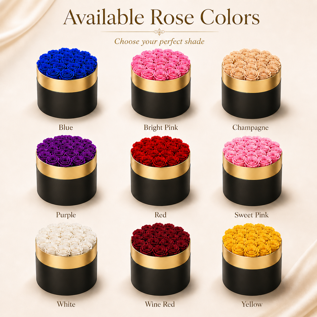 Eternal Rose Gold Rimmed Circular Box – 18 Roses Gift Set. Many Color Options
