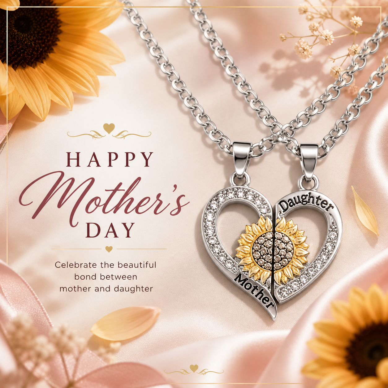 Sunflower Mother Daughter Bond Matching Necklaces