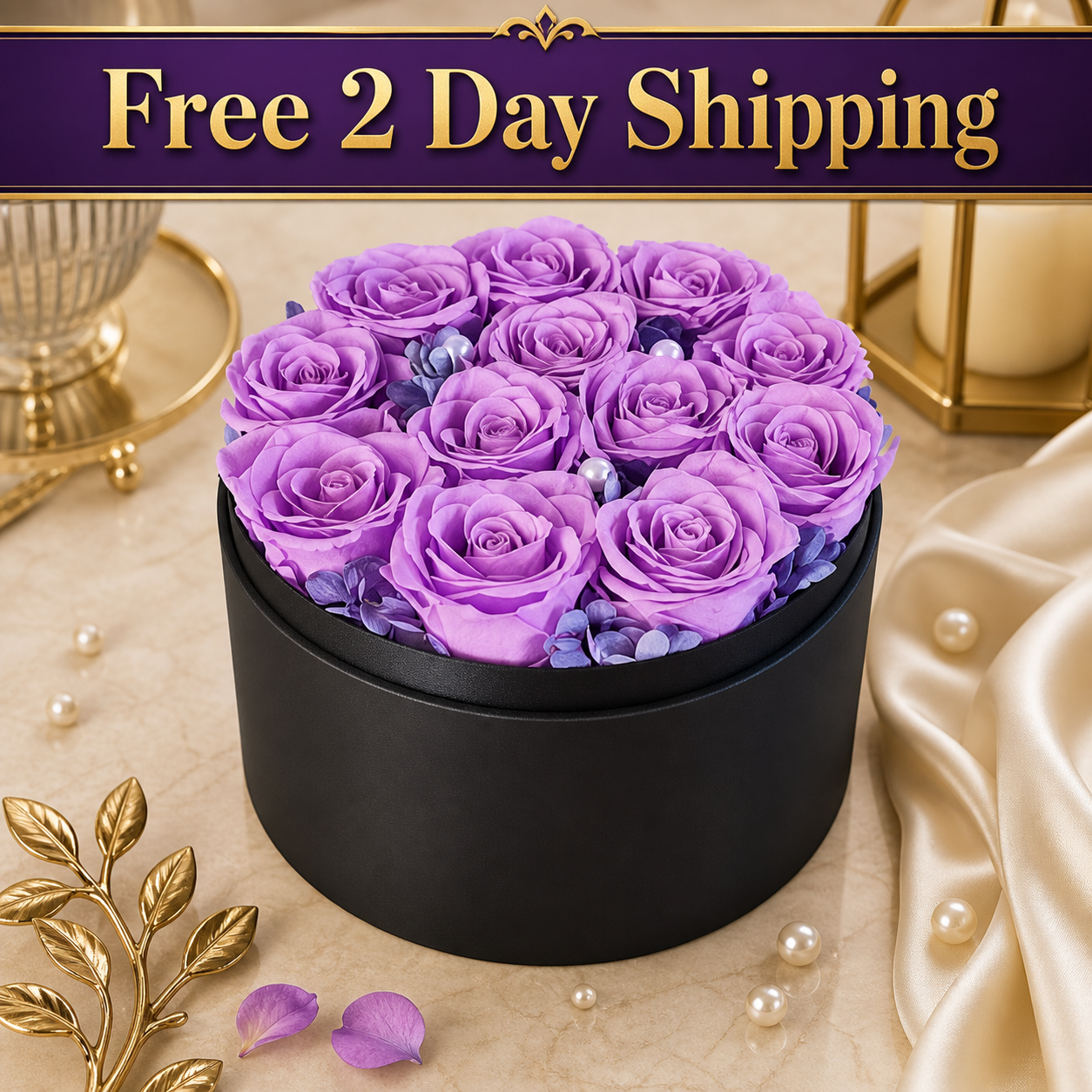 Luxury Purple Forever Rose Gift Box – 12 Real Preserved Roses in Black Round Box | Gift for Her, Mom, Wife, Birthday, Anniversary & Valentine’s Day