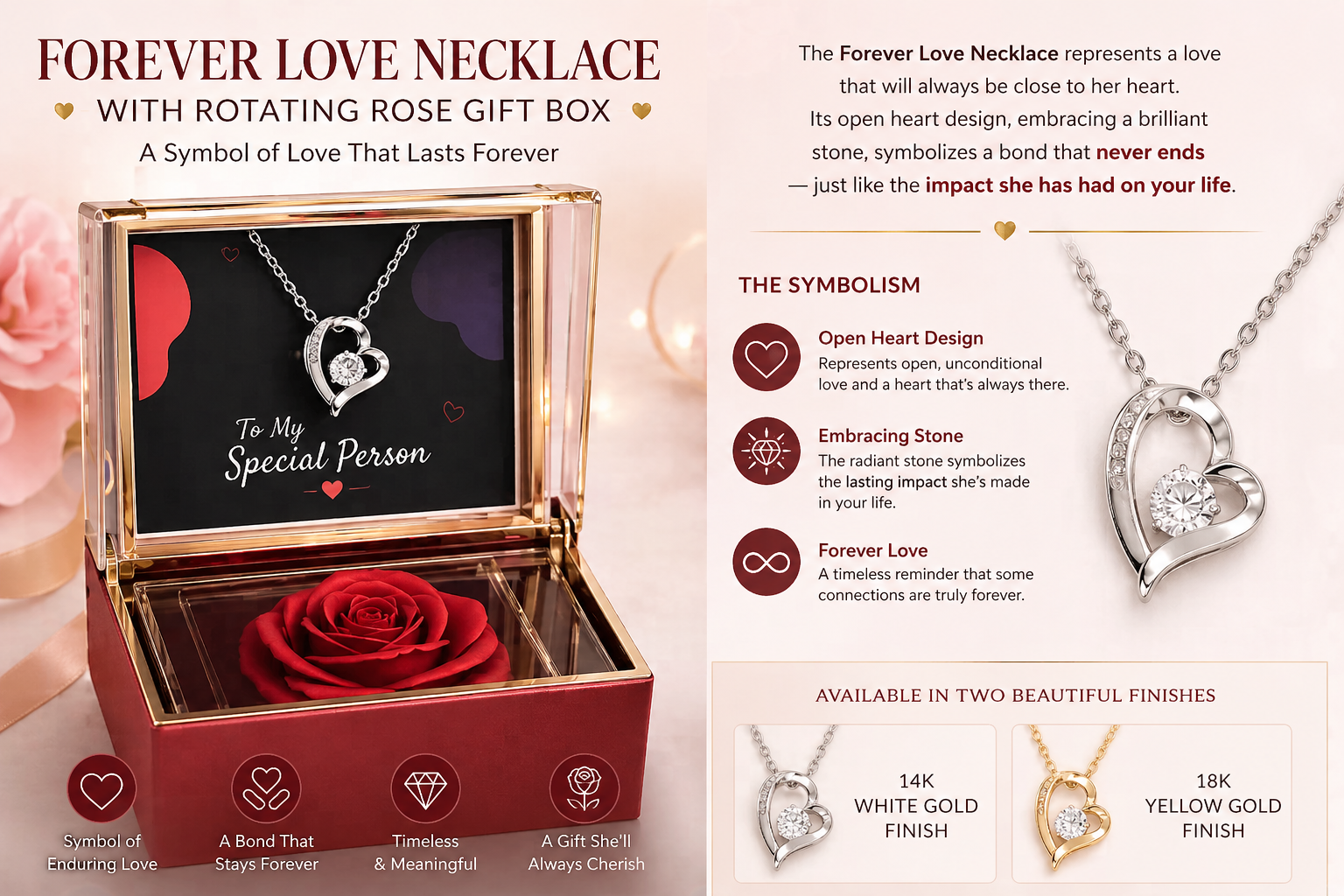 For My Beautiful Mother Forever Love Necklace, 14k or 18k Gold Finish, Meaningful Poem Card, Rotating Everlasting Rose Box Gift Set