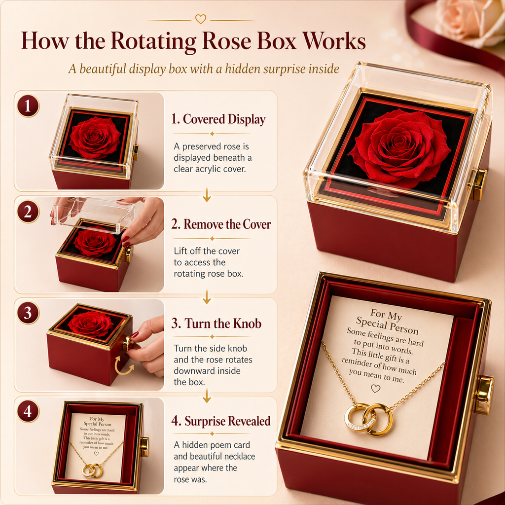 Mom I Treasure Love Knot Necklace, 14k or 18k Gold Finish, Meaningful Poem Card, Rotating Everlasting Rose Box Gift Set