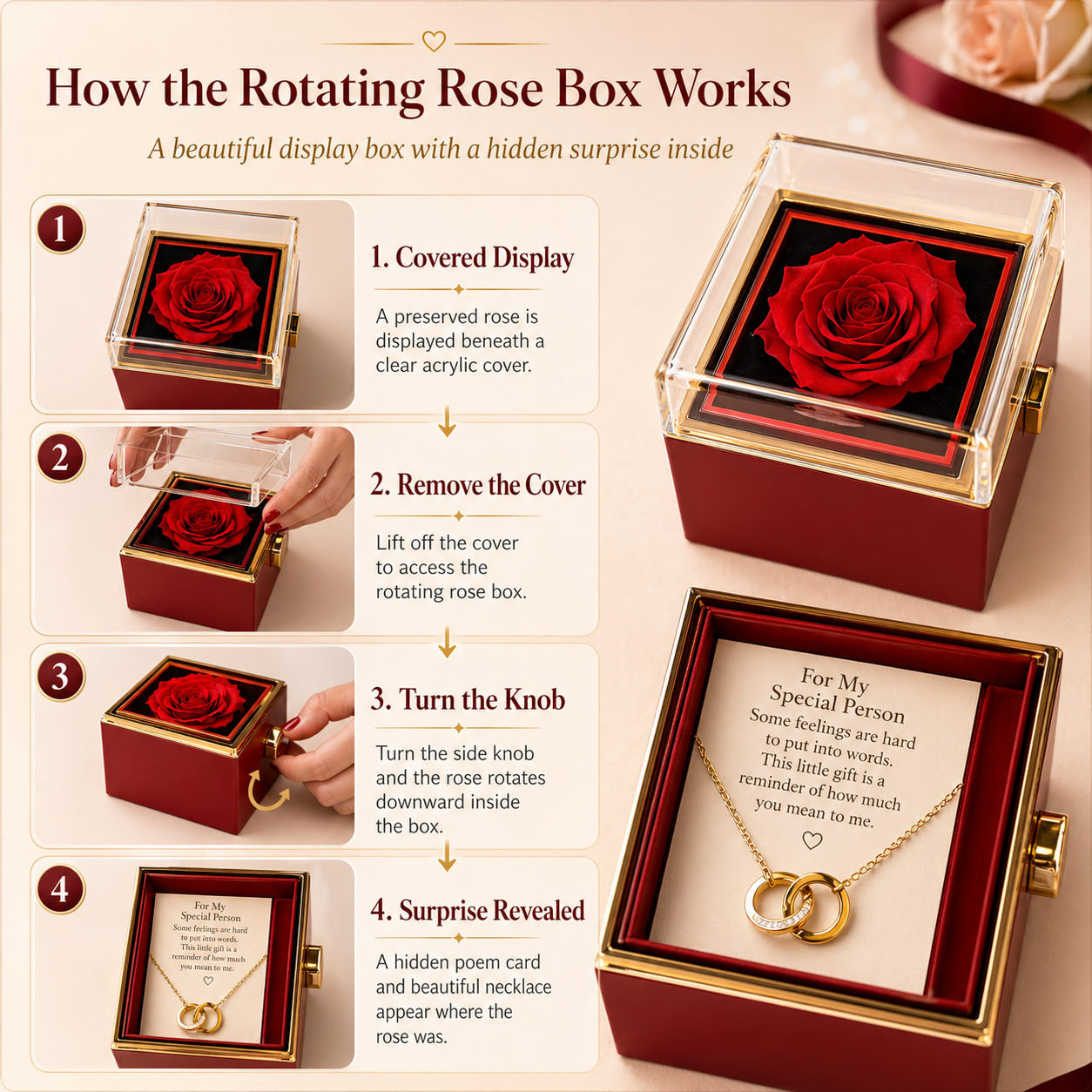 Mom I Treasure Love Knot Necklace, 14k or 18k Gold Finish, Meaningful Poem Card, Rotating Everlasting Rose Box Gift Set