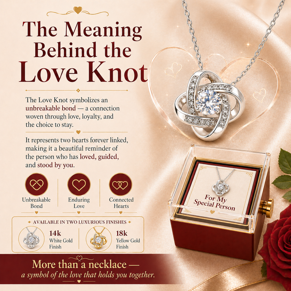 Mom I Treasure Love Knot Necklace, 14k or 18k Gold Finish, Meaningful Poem Card, Rotating Everlasting Rose Box Gift Set
