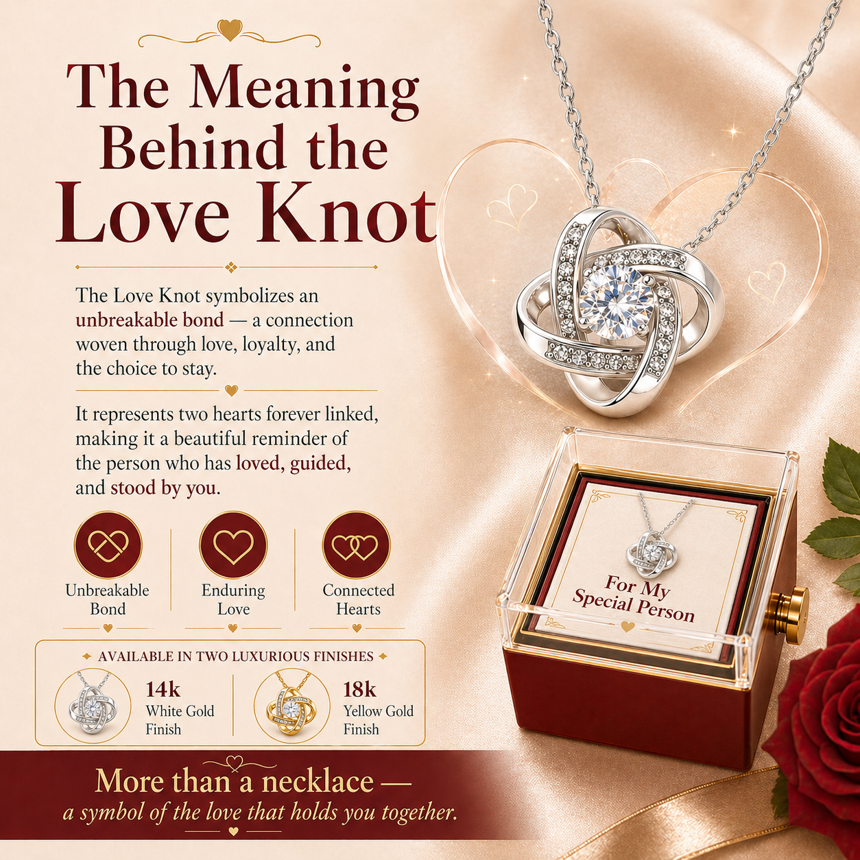 Mom I Treasure Love Knot Necklace, 14k or 18k Gold Finish, Meaningful Poem Card, Rotating Everlasting Rose Box Gift Set