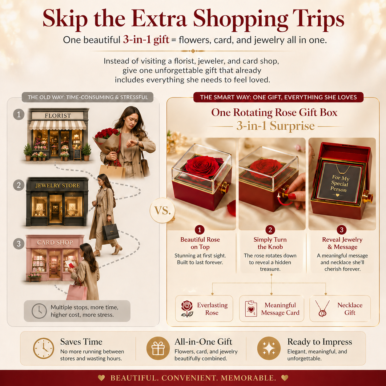 Skip Extra Trips - Bonus Mom LOVE KNOT 14k or 18k Gold Love Knot Necklace & Meaningful Poem Card Rotating Everlasting Rose Box with Everlasting Rose Gift Box