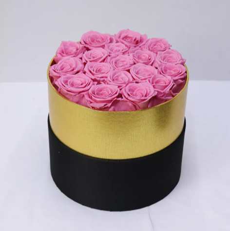 Eternal Rose Gold Rimmed Circular Box – 18 Roses Gift Set. Many Color Options