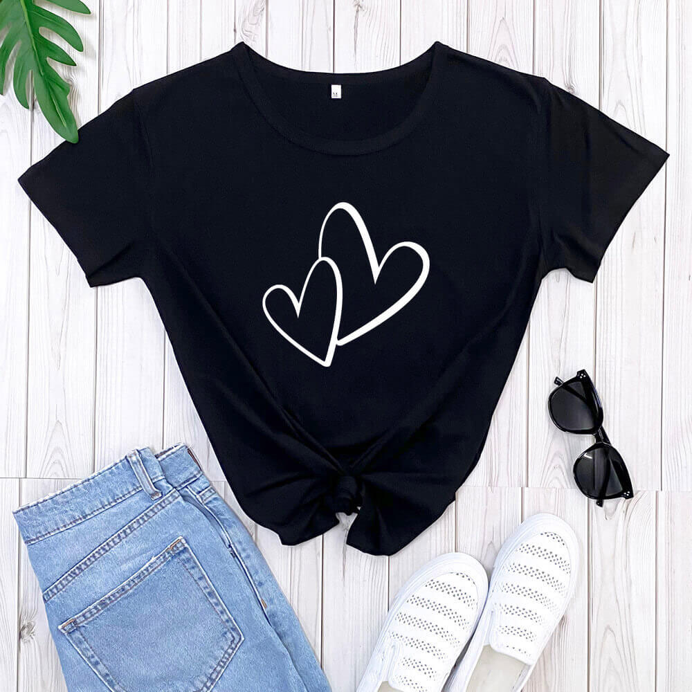 Dual Hearts Love Printed Round Neck T-Shirt
