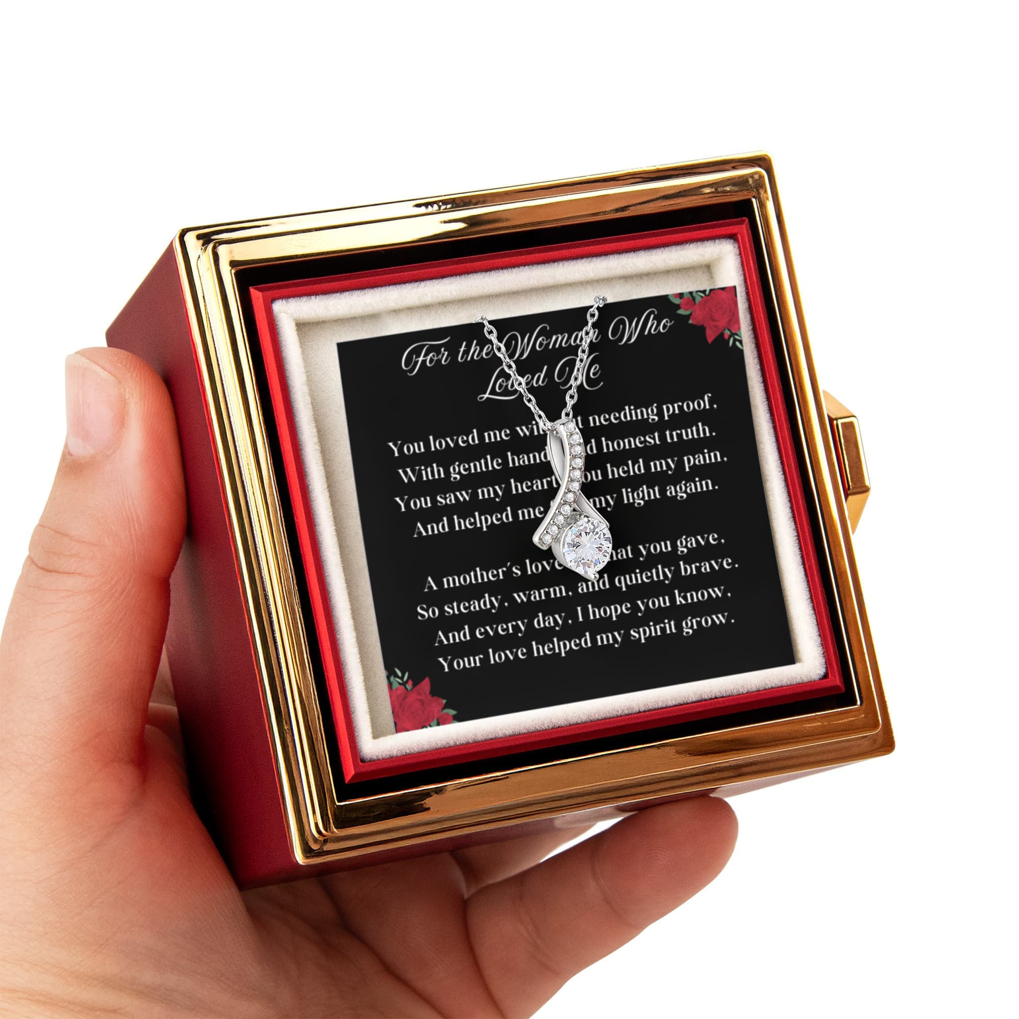 Woman Who Loved Me Alluring Beauty 14k or 18k Gold Alluring Beauty Necklace & Meaningful Poem Card Rotating Everlasting Rose Box with Everlasting Rose Gift Box