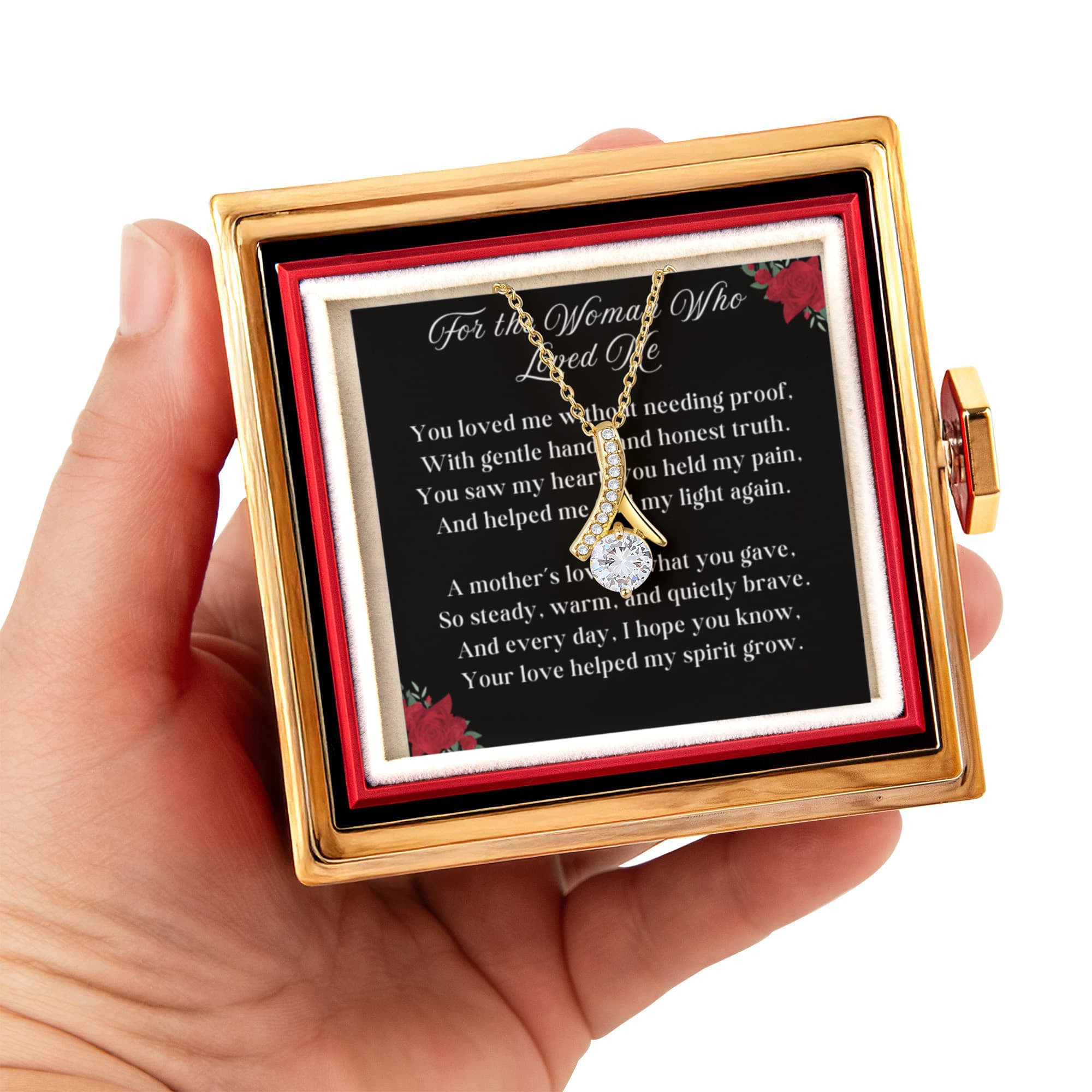 Woman Who Loved Me Alluring Beauty 14k or 18k Gold Alluring Beauty Necklace & Meaningful Poem Card Rotating Everlasting Rose Box with Everlasting Rose Gift Box