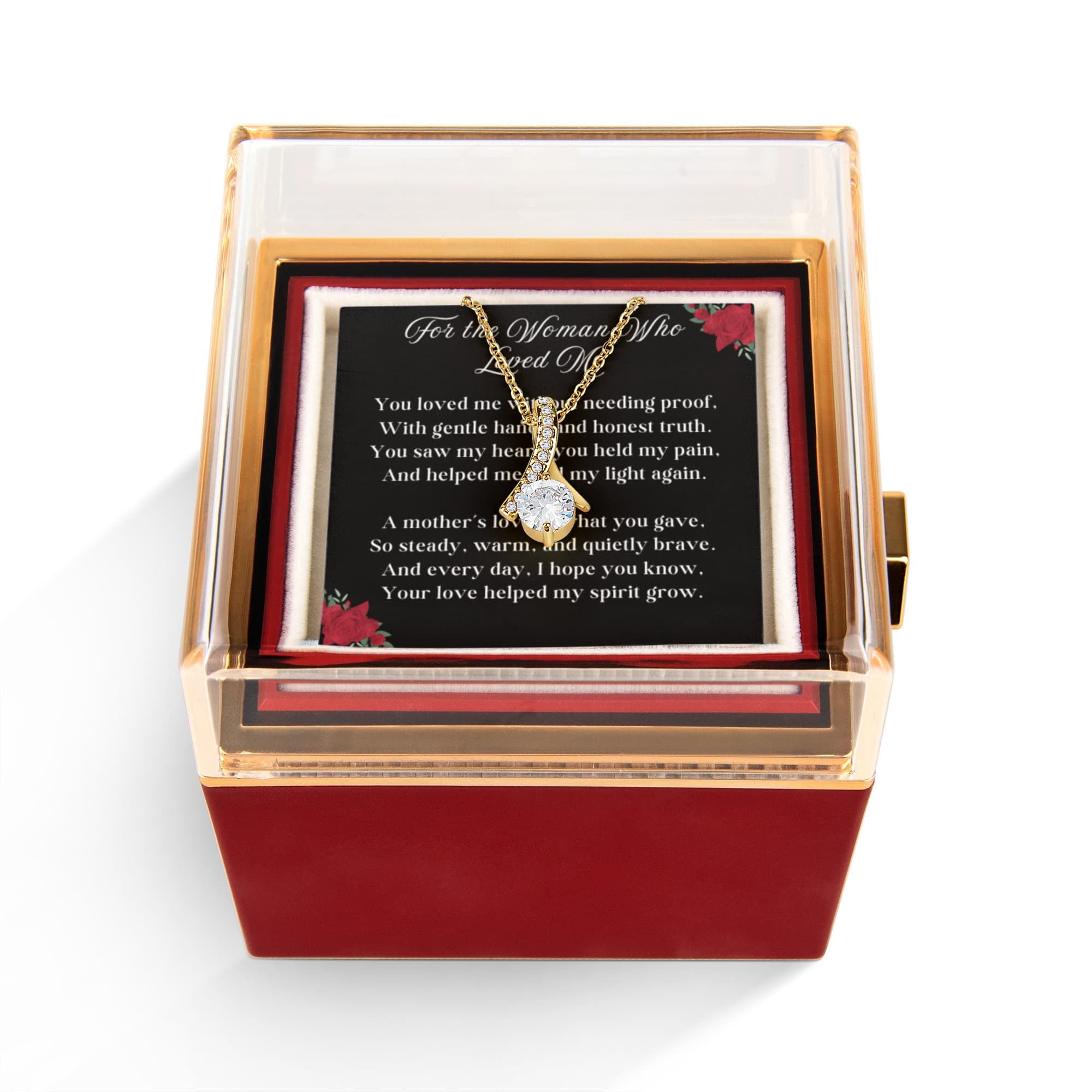Woman Who Loved Me Alluring Beauty 14k or 18k Gold Alluring Beauty Necklace & Meaningful Poem Card Rotating Everlasting Rose Box with Everlasting Rose Gift Box