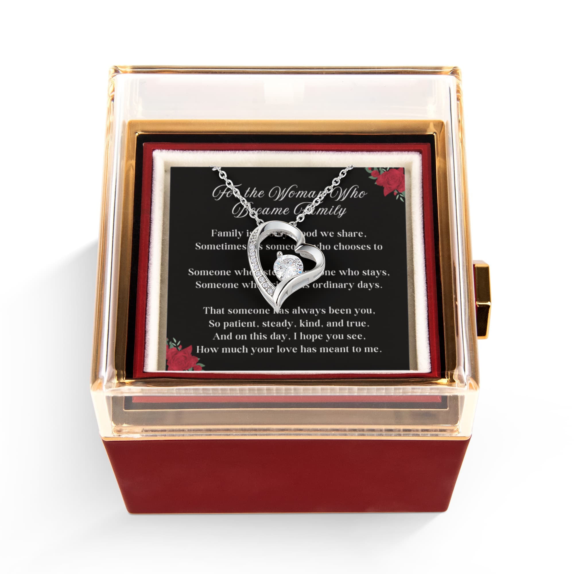 Chosen Family Forever Love 14k or 18k Gold Forever Love Necklace & Meaningful Poem Card Rotating Everlasting Rose Box with Everlasting Rose Gift Box