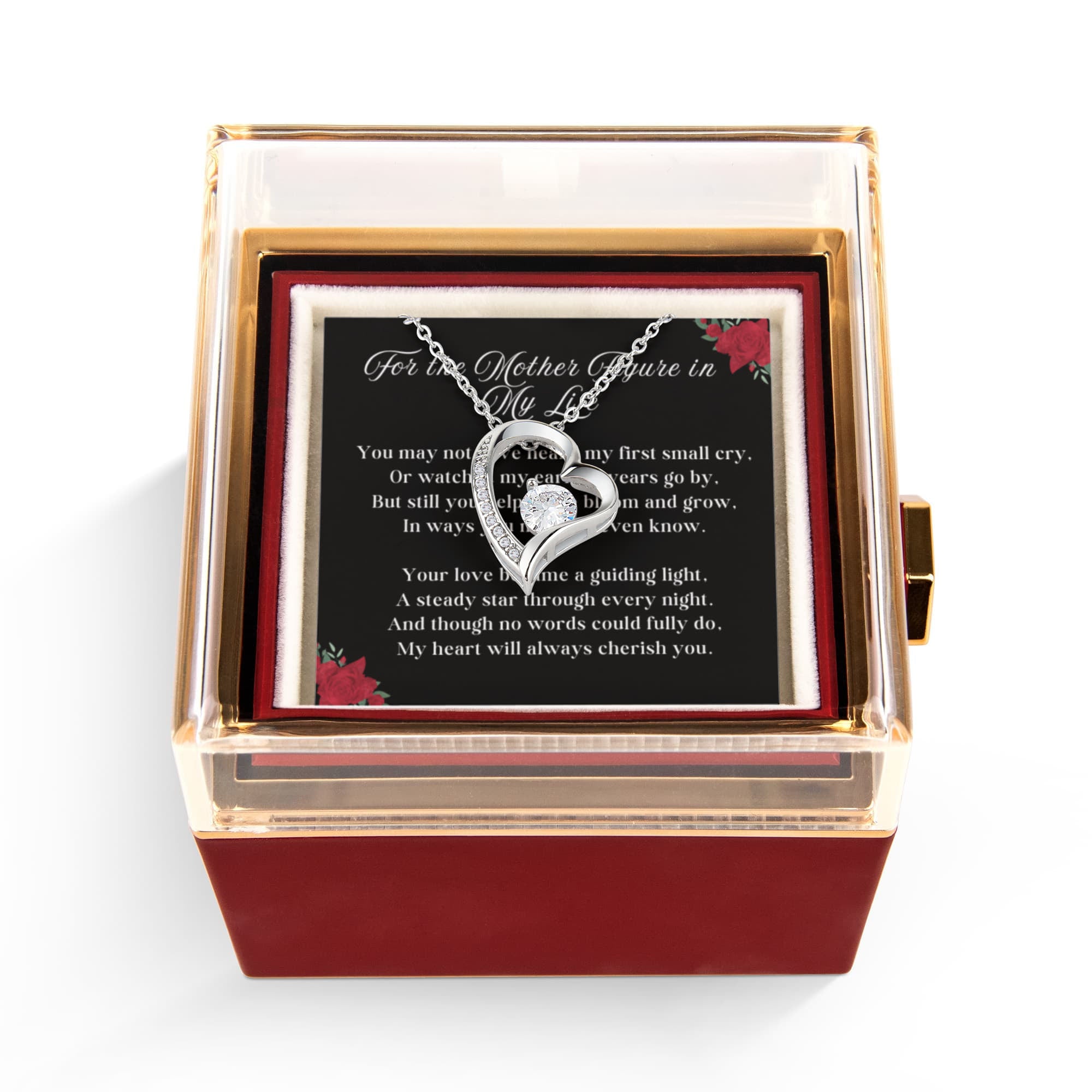 Mother Figure Forever Love 14k or 18k Gold Forever Love Necklace & Meaningful Poem Card Rotating Everlasting Rose Box with Everlasting Rose Gift Box