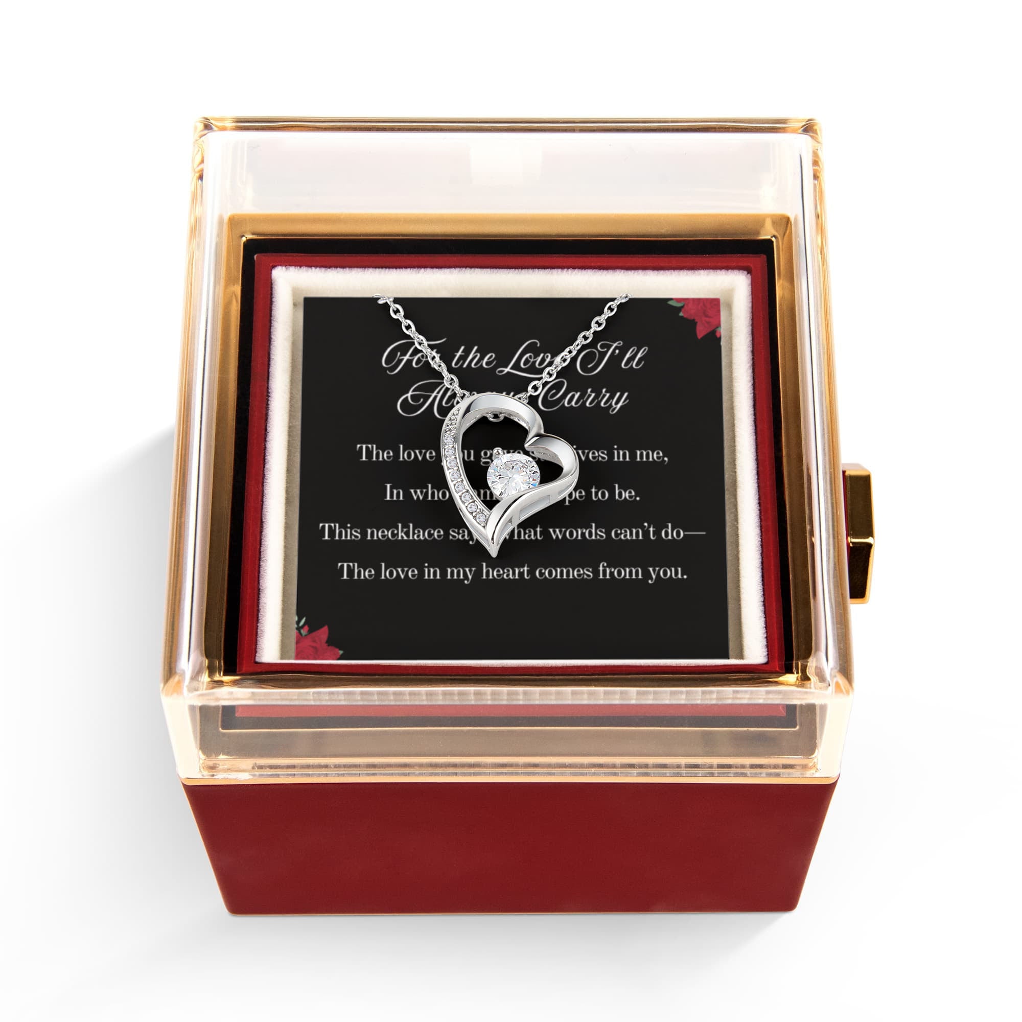 For the Love I'll Always Carry Forever Love Necklace, 14k or 18k Gold Finish, Meaningful Poem Card, Rotating Everlasting Rose Box Gift Set