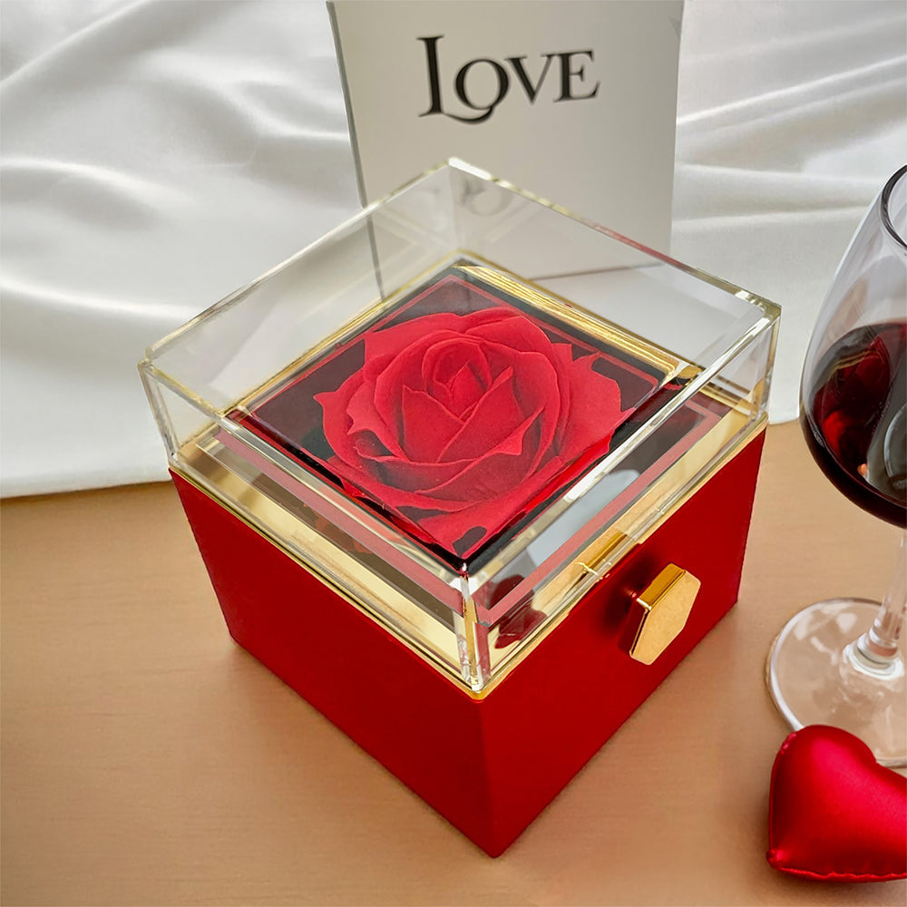 Chosen Family Forever Love 14k or 18k Gold Forever Love Necklace & Meaningful Poem Card Rotating Everlasting Rose Box with Everlasting Rose Gift Box