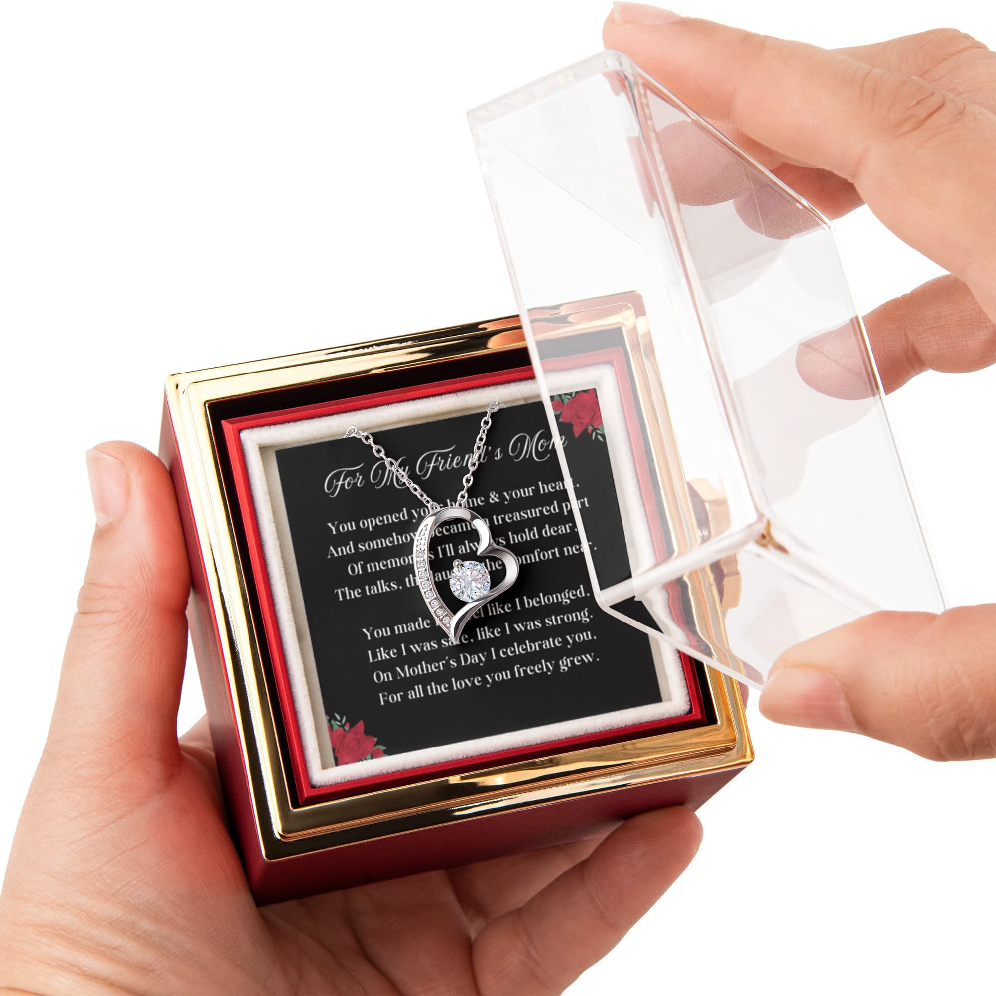 Friend's Mom Forever Love 14k or 18k Gold Forever Love Necklace & Meaningful Poem Card Rotating Everlasting Rose Box with Everlasting Rose Gift Box