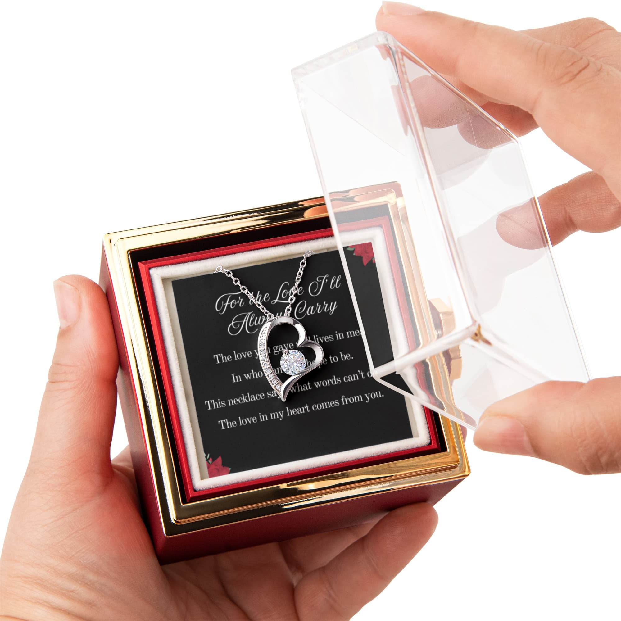 For the Love I'll Always Carry Forever Love Necklace, 14k or 18k Gold Finish, Meaningful Poem Card, Rotating Everlasting Rose Box Gift Set