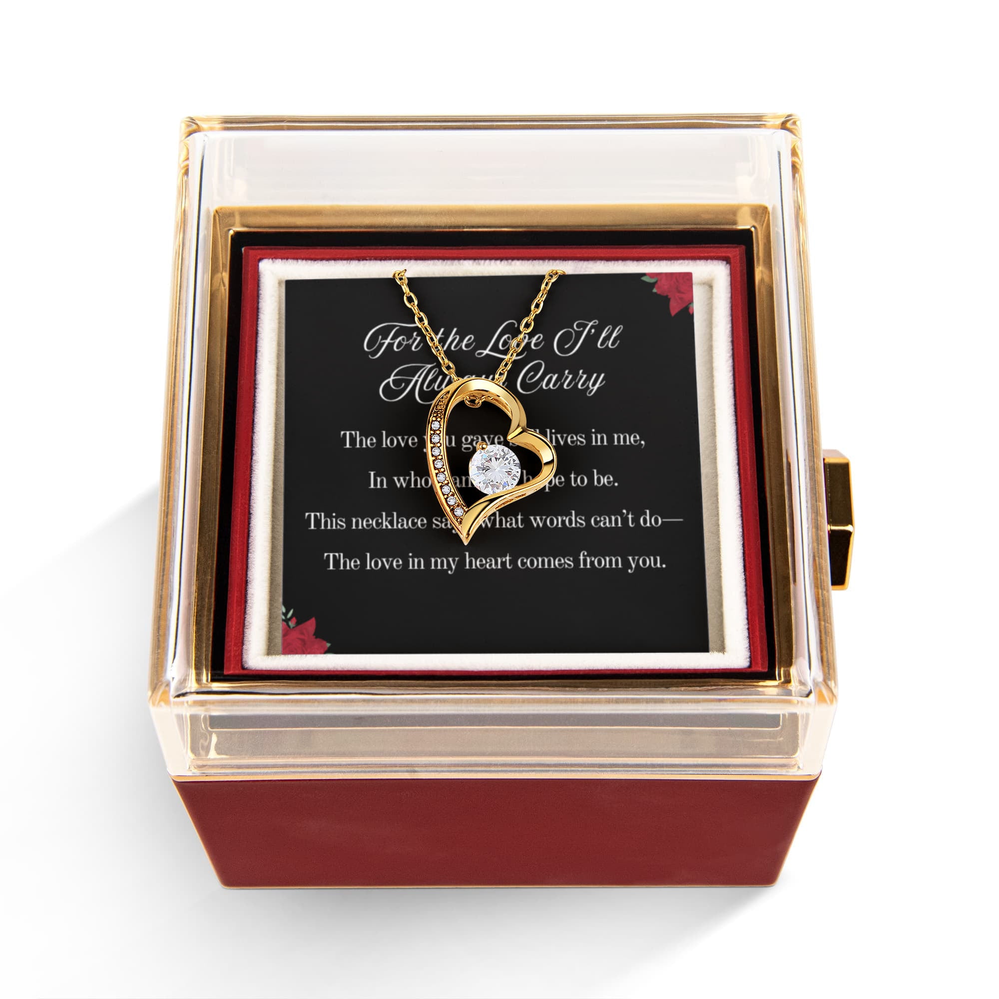 For the Love I'll Always Carry Forever Love Necklace, 14k or 18k Gold Finish, Meaningful Poem Card, Rotating Everlasting Rose Box Gift Set