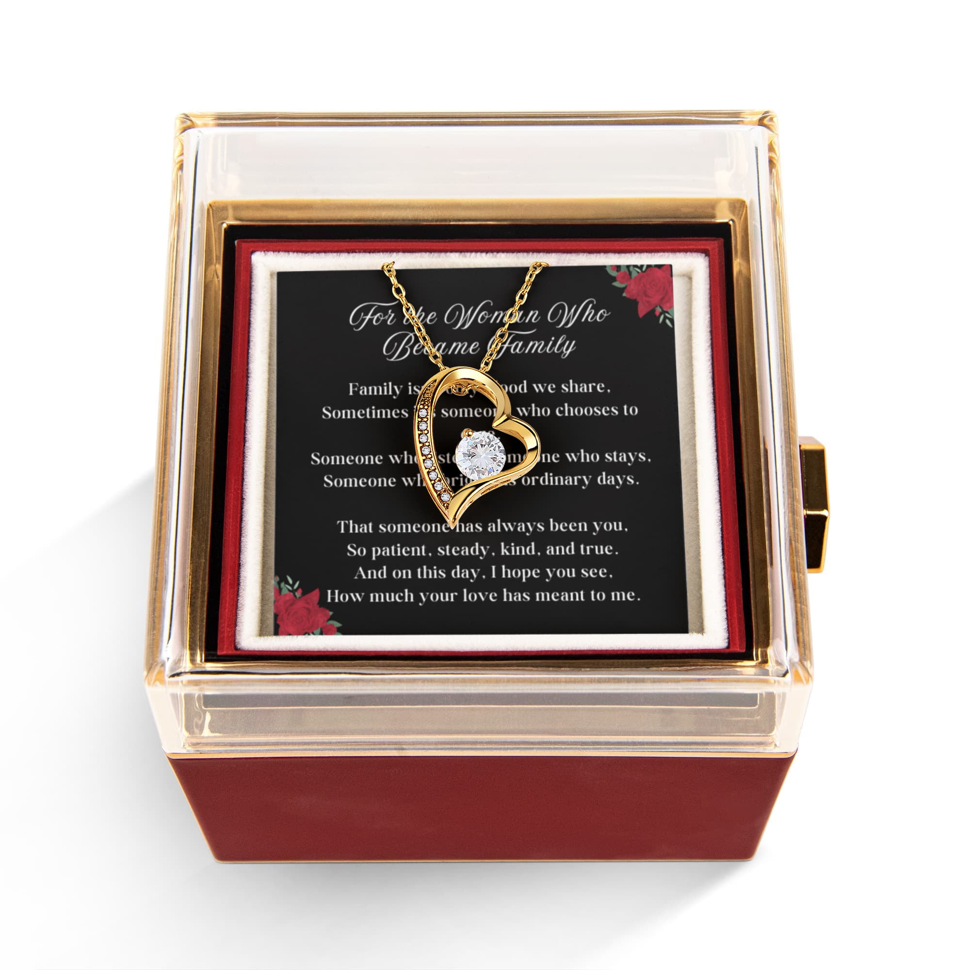 Chosen Family Forever Love 14k or 18k Gold Forever Love Necklace & Meaningful Poem Card Rotating Everlasting Rose Box with Everlasting Rose Gift Box