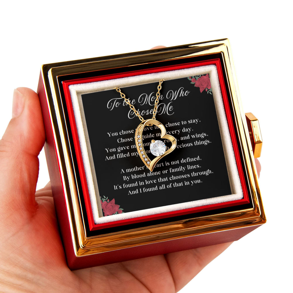 Mom Who Chose Me Forever Love 14k or 18k Gold Forever Love Necklace & Meaningful Poem Card Rotating Everlasting Rose Box with Everlasting Rose Gift Box