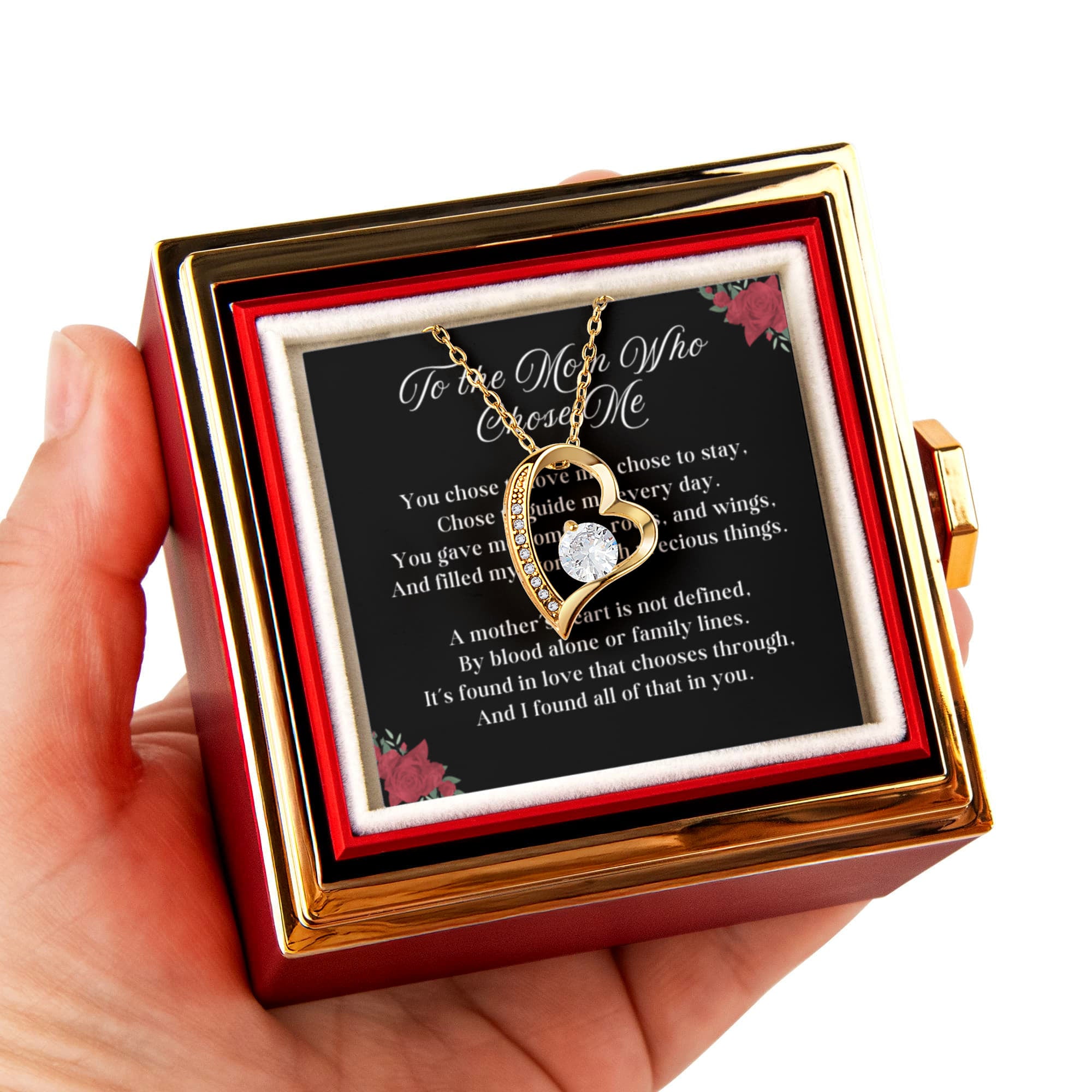Mom Who Chose Me Forever Love 14k or 18k Gold Forever Love Necklace & Meaningful Poem Card Rotating Everlasting Rose Box with Everlasting Rose Gift Box