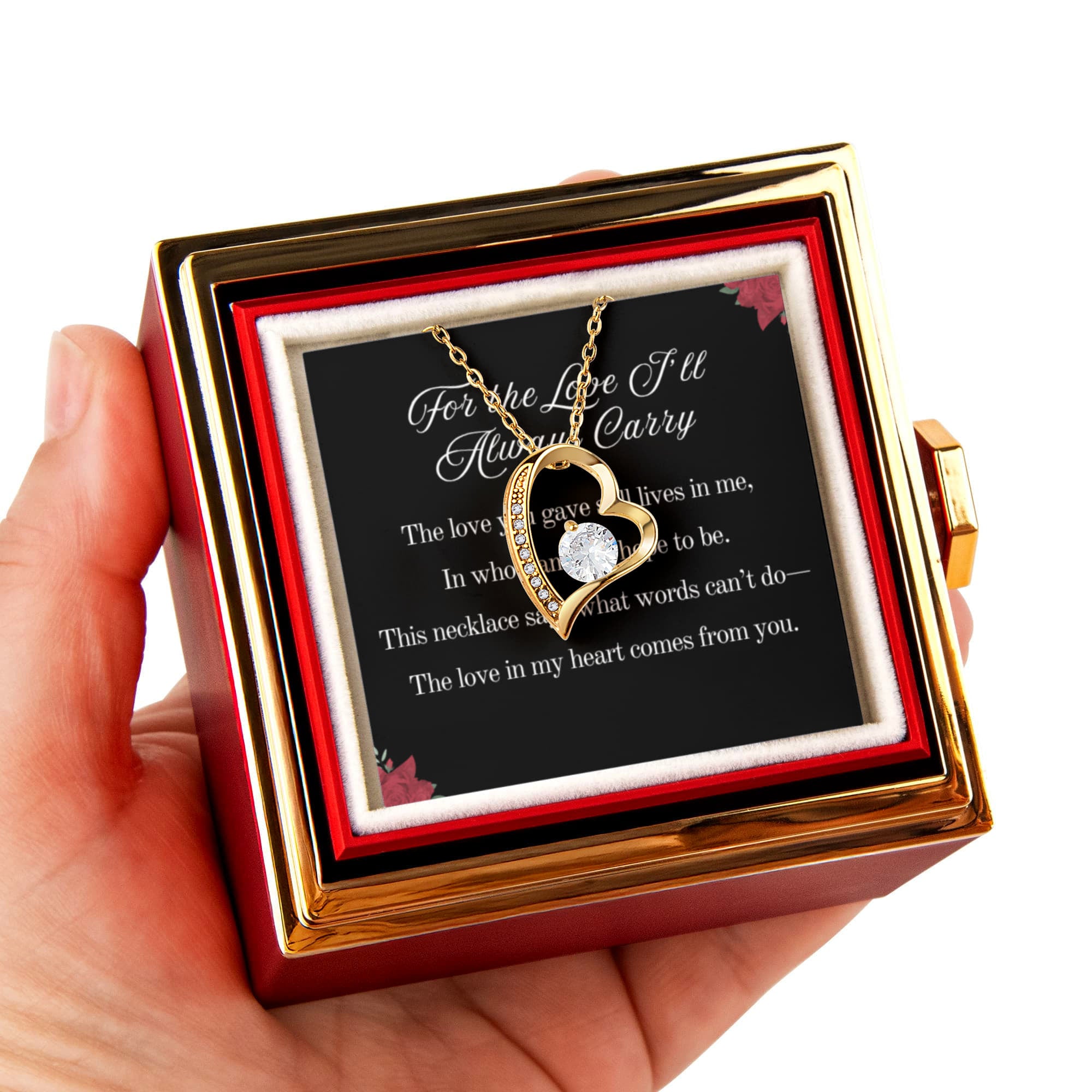 For the Love I'll Always Carry Forever Love Necklace, 14k or 18k Gold Finish, Meaningful Poem Card, Rotating Everlasting Rose Box Gift Set