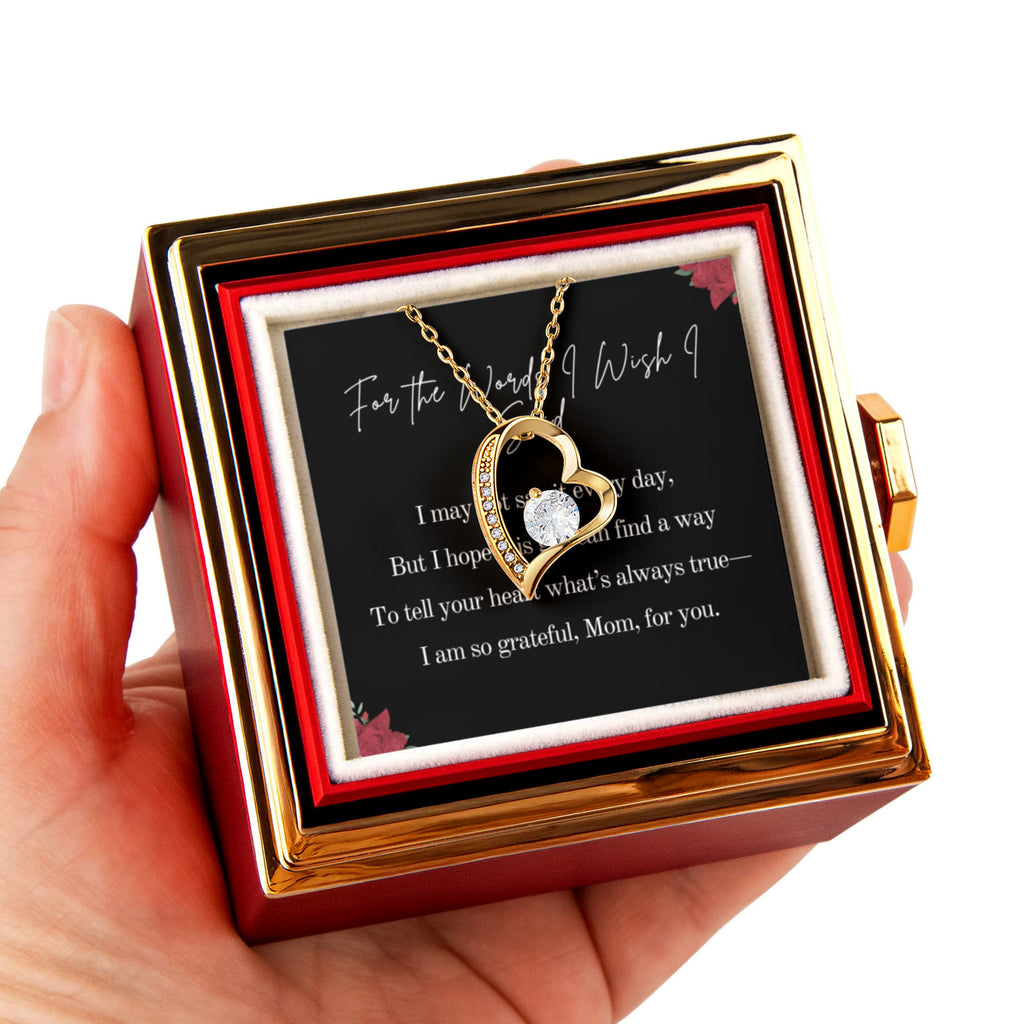 3 in 1 Gift Set for Mothers Day. Words I Wish I Said Poem + 14k or 18k Forever Love Necklace, Rotating Everlasting Rose Box Gift Set