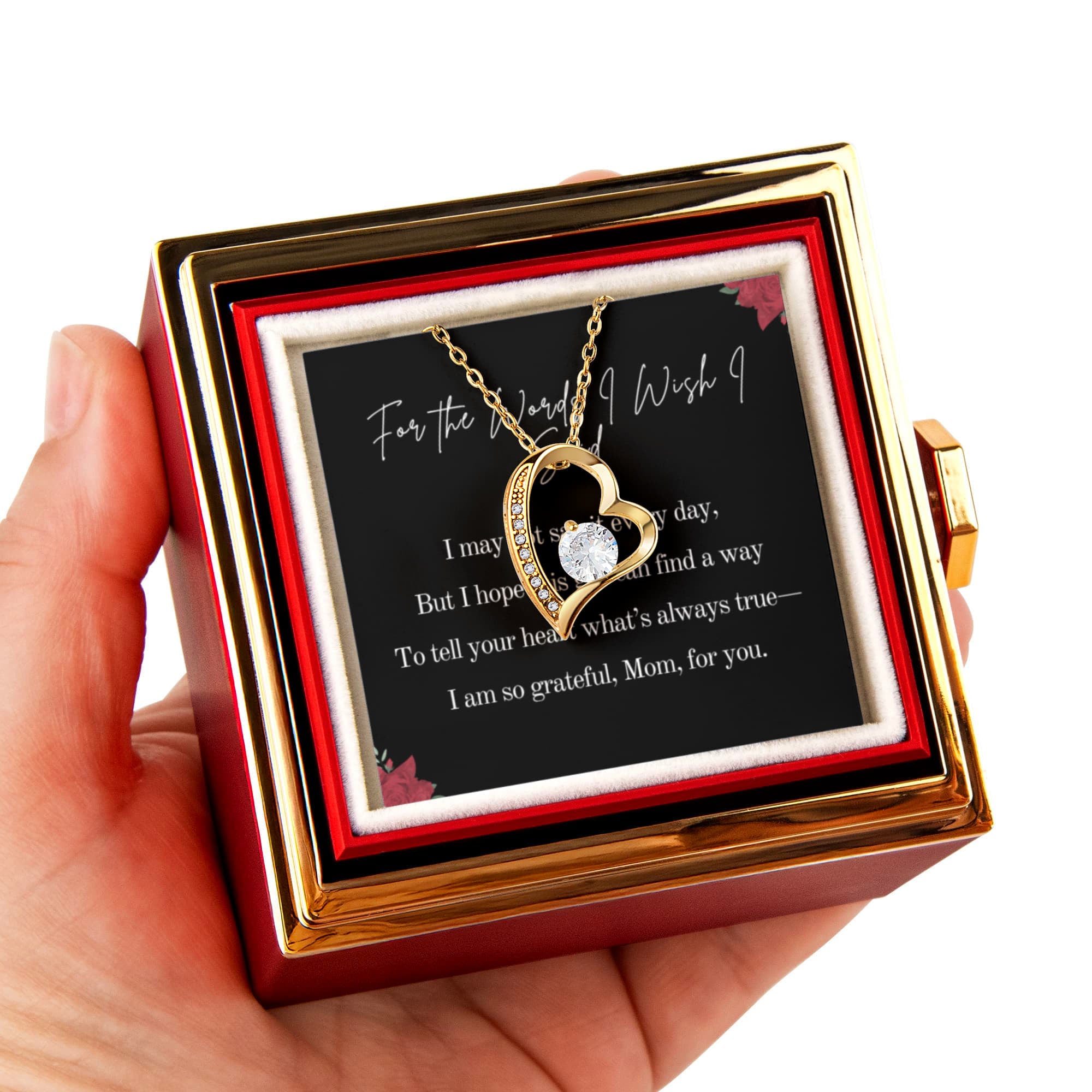 3 in 1 Gift Set for Mothers Day. Words I Wish I Said Poem + 14k or 18k Forever Love Necklace, Rotating Everlasting Rose Box Gift Set
