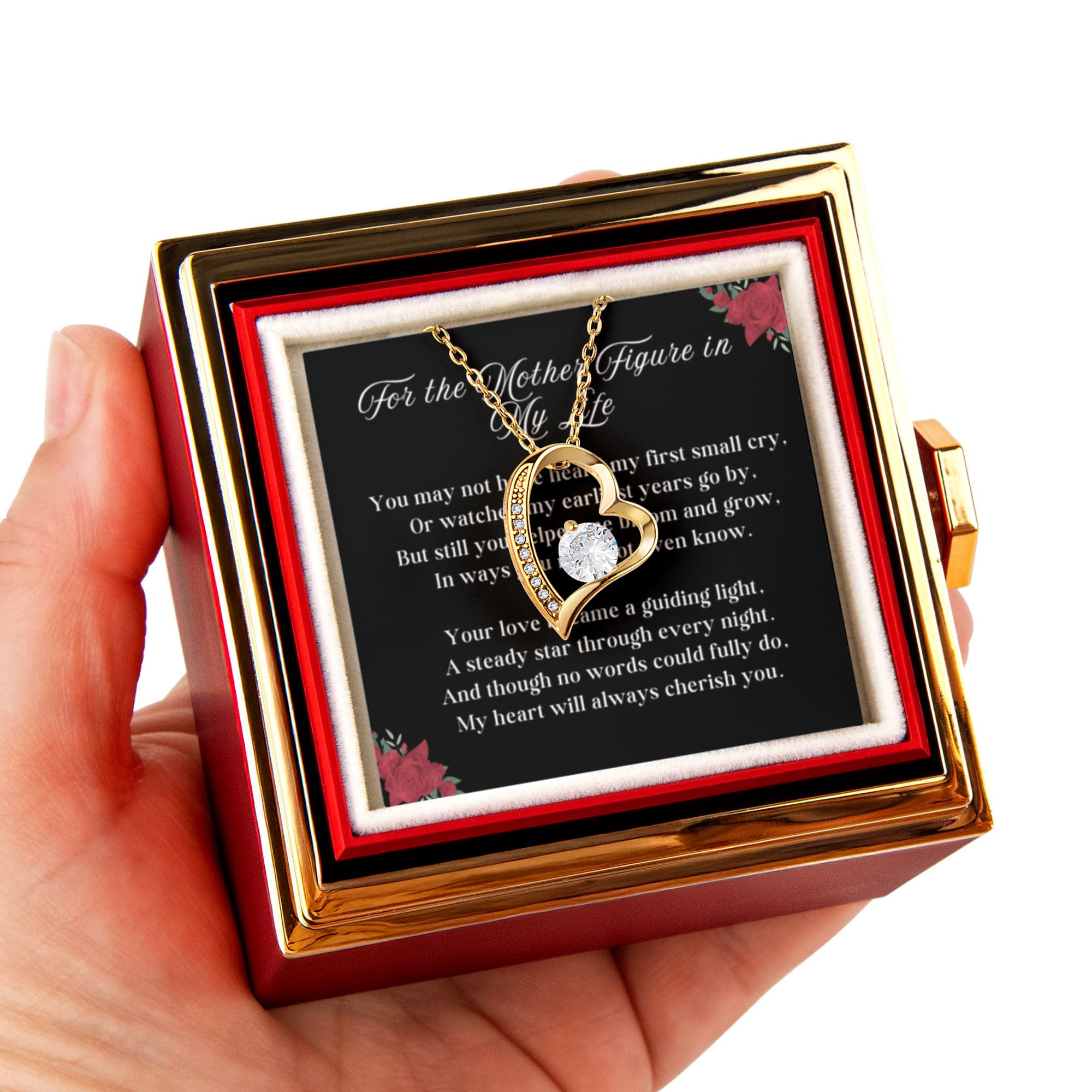 Mother Figure Forever Love 14k or 18k Gold Forever Love Necklace & Meaningful Poem Card Rotating Everlasting Rose Box with Everlasting Rose Gift Box
