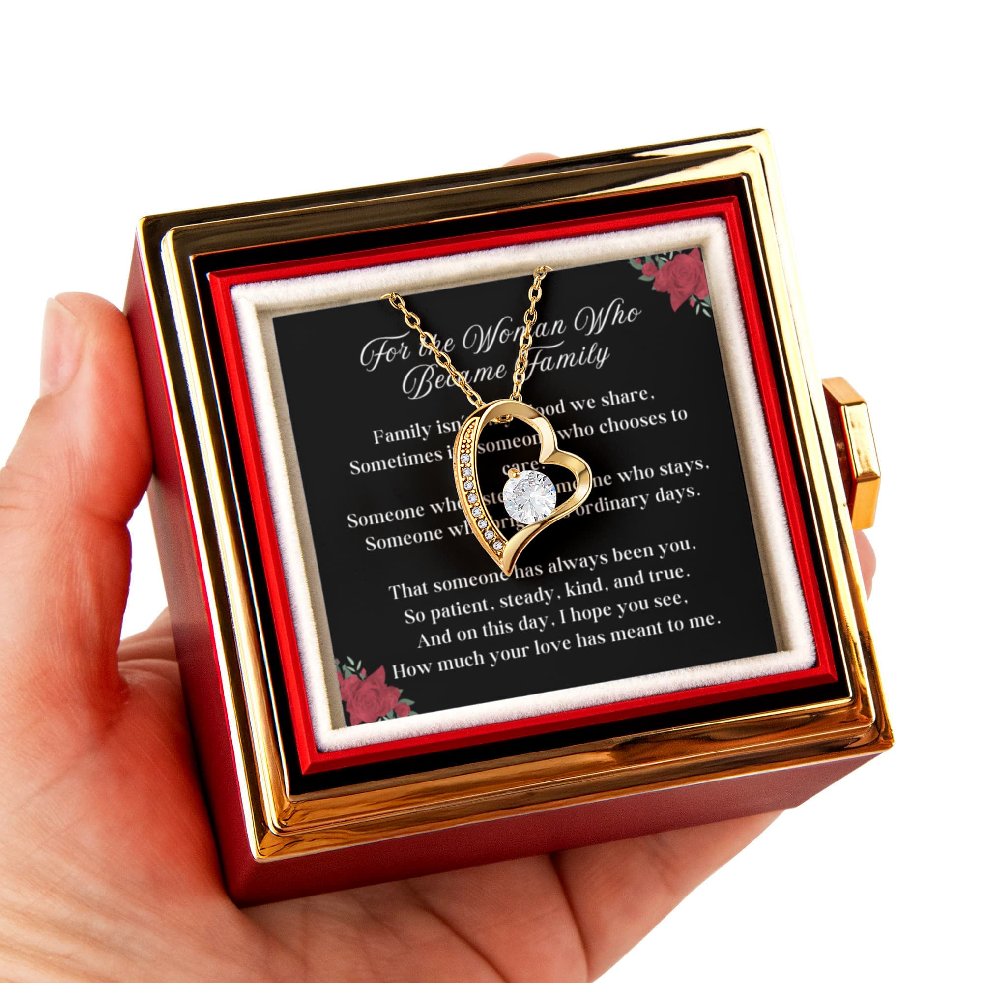 Chosen Family Forever Love 14k or 18k Gold Forever Love Necklace & Meaningful Poem Card Rotating Everlasting Rose Box with Everlasting Rose Gift Box