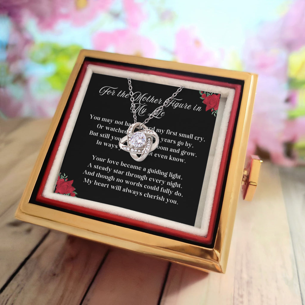 Mother Figure LOVE KNOT 14k or 18k Gold Love Knot Necklace & Meaningful Poem Card Rotating Everlasting Rose Box