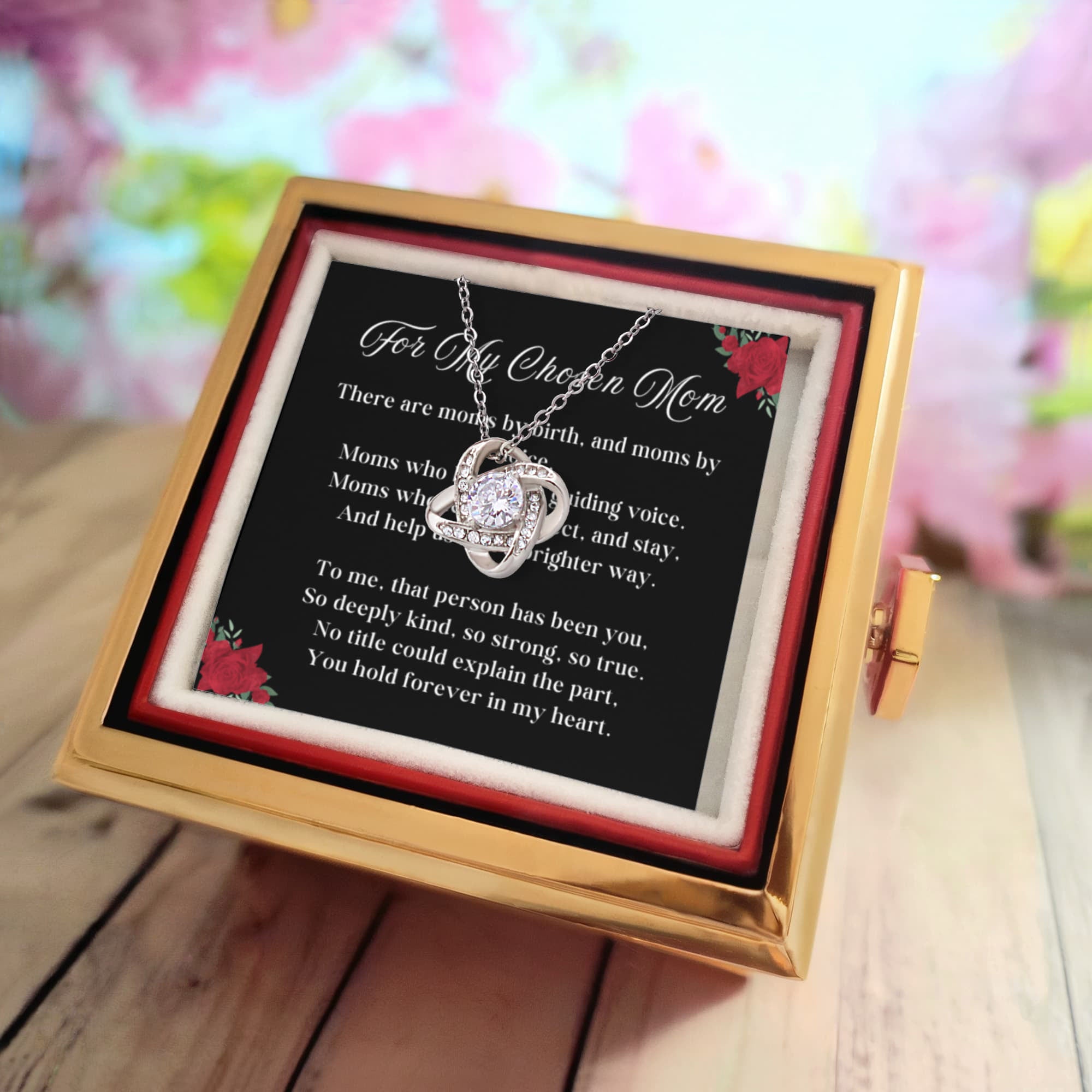 Guiding Chosen Mom LOVE KNOT 14k or 18k Gold Love Knot Necklace & Meaningful Poem Card Rotating Everlasting Rose Box
