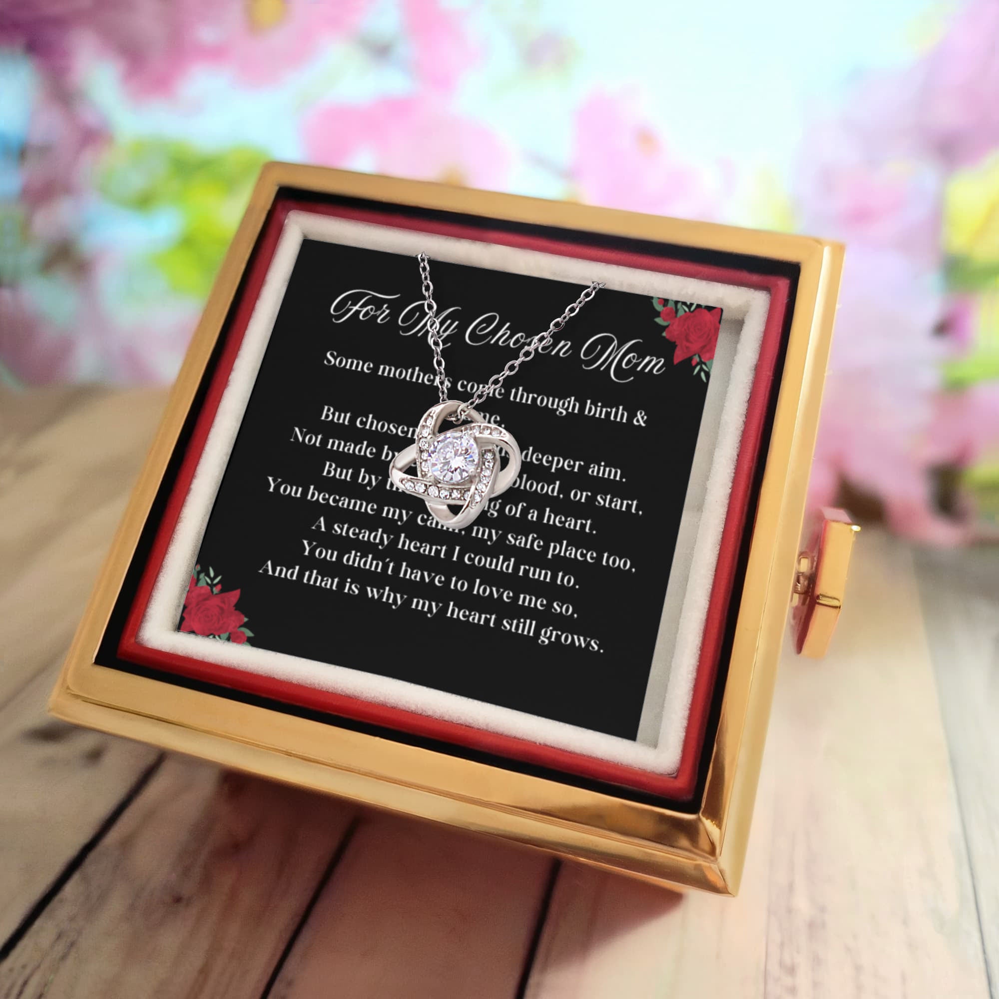 Chosen Mom LOVE KNOT 14k or 18k Gold Love Knot Necklace & Meaningful Poem Card Rotating Everlasting Rose Box with Everlasting Rose Gift Box